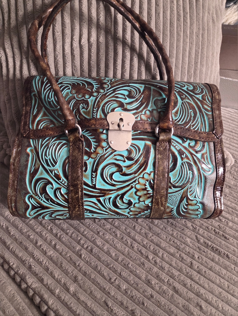 Patricia Nash Turquoise Floral Tooled Leather Satchel Bag